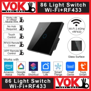 VOK Smart Wi-Fi+RF433 1-Gang Black Color 86-EU/UK/Global Borderless Glass Power Light Switch Indoor Control Panel with LED Indicator