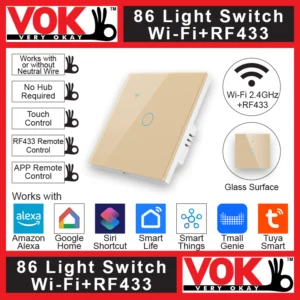 VOK Smart Wi-Fi+RF433 1-Gang Gold Color 86-EU/UK/Global Borderless Glass Power Light Switch Indoor Control Panel with LED Indicator