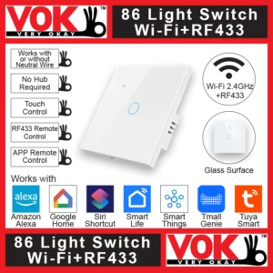 VOK Smart Wi-Fi+RF433 1-Gang White Color 86-EU/UK/Global Borderless Glass Power Light Switch Indoor Control Panel with LED Indicator