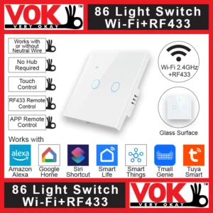 VOK Smart Wi-Fi+RF433 2-Gang White Color 86-EU/UK/Global Borderless Glass Power Light Switch Indoor Control Panel with LED Indicator
