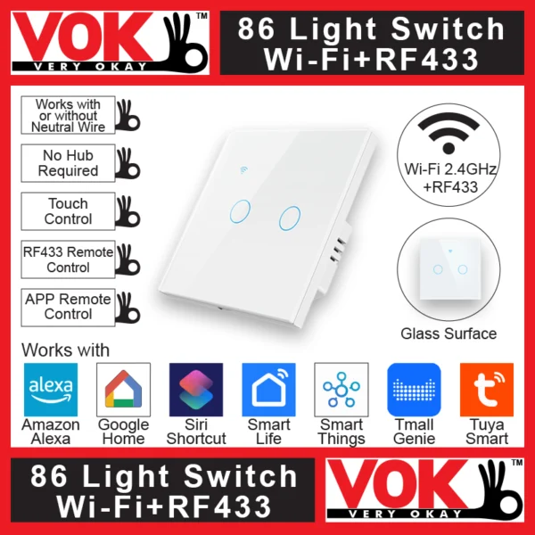 VOK-1005ww2-Smart Wi-Fi RF433 2 Gang White Light Switch 86-EU-UK Borderless Glass with LED Indicator