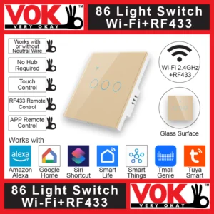 VOK Smart Wi-Fi+RF433 3-Gang Gold Color 86-EU/UK/Global Borderless Glass Power Light Switch Indoor Control Panel with LED Indicator