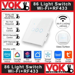 VOK Smart Wi-Fi+RF433 3-Gang White Color 86-EU/UK/Global Borderless Glass Power Light Switch Indoor Control Panel with LED Indicator