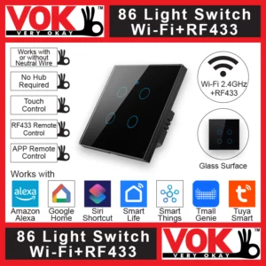 VOK Smart Wi-Fi+RF433 4-Gang Black Color 86-EU/UK/Global Borderless Glass Power Light Switch Indoor Control Panel with LED Indicator