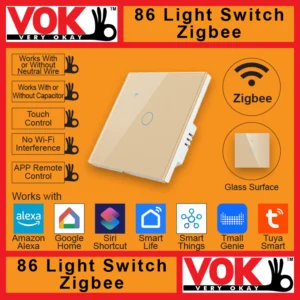 VOK Smart Zigbee 1-Gang Gold Color 86-EU/UK/Global Borderless Glass Power Light Switch Indoor Control Panel with LED Indicator No Capacitor Neutral Wire Required