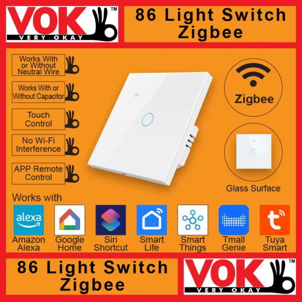 VOK-1008zw1-Smart Zigbee 1 Gang White Light Switch 86-EU-UK Borderless Glass with LED Indicator