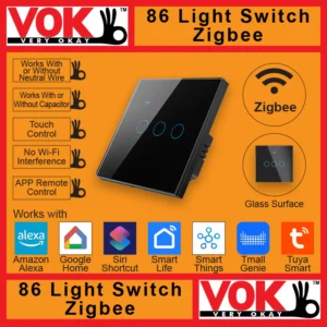 VOK Smart Zigbee 3-Gang Black Color 86-EU/UK/Global Borderless Glass Power Light Switch Indoor Control Panel with LED Indicator No Capacitor Neutral Wire Required