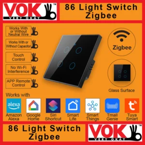 VOK Smart Zigbee 4-Gang Black Color 86-EU/UK/Global Borderless Glass Power Light Switch Indoor Control Panel with LED Indicator No Capacitor Neutral Wire Required