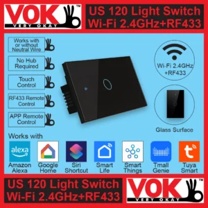 VOK Smart Wi-Fi+RF433 1-Gang Black Color 120 USA American Standard Borderless Glass Power Light Switch Indoor Control Panel with LED Indicator