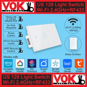 VOK Smart Wi-Fi+RF433 1-Gang White Color 120 USA American Standard Borderless Glass Power Light Switch Indoor Control Panel with LED Indicator