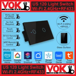 VOK Smart Wi-Fi+RF433 2-Gang Black Color 120 USA American Standard Borderless Glass Power Light Switch Indoor Control Panel with LED Indicator