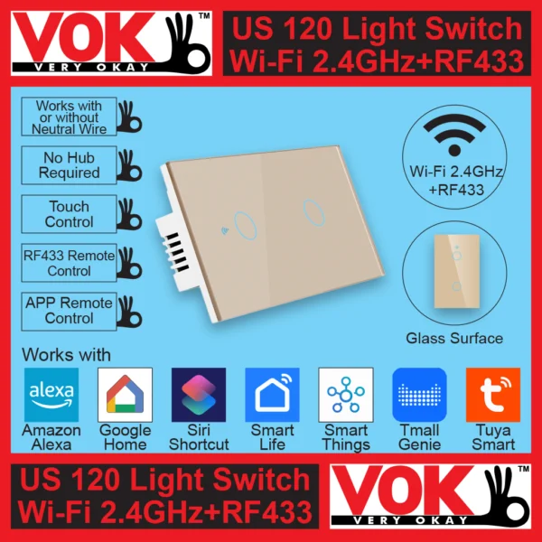 VOK Smart Wi-Fi+RF433 2-Gang Gold Color 120 USA American Standard Borderless Glass Power Light Switch Indoor Control Panel with LED Indicator