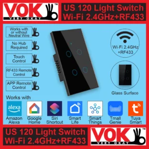 VOK Smart Wi-Fi+RF433 4-Gang Black Color 120 USA American Standard Borderless Glass Power Light Switch Indoor Control Panel with LED Indicator