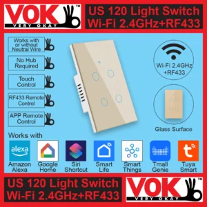 VOK Smart Wi-Fi+RF433 4-Gang Gold Color 120 USA American Standard Borderless Glass Power Light Switch Indoor Control Panel with LED Indicator