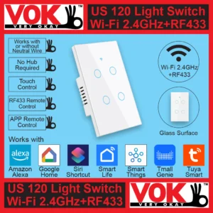 VOK Smart Wi-Fi+RF433 4-Gang White Color 120 USA American Standard Borderless Glass Power Light Switch Indoor Control Panel with LED Indicator