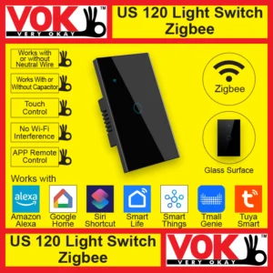 VOK Smart Zigbee 1-Gang Black Color 120 USA American Standard Borderless Glass Power Light Switch Indoor Control Panel with LED Indicator