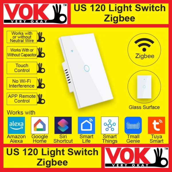 VOK-1016-120zw1-Smart Zigbee 1 Gang White Light Switch US 120 Borderless Glass with LED Indicator