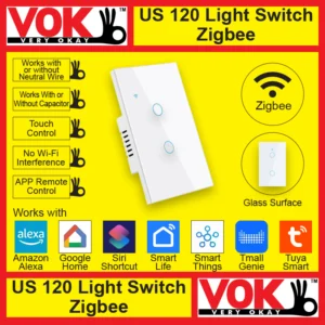 VOK Smart Zigbee 2-Gang White Color 120 USA American Standard Borderless Glass Power Light Switch Indoor Control Panel with LED Indicator