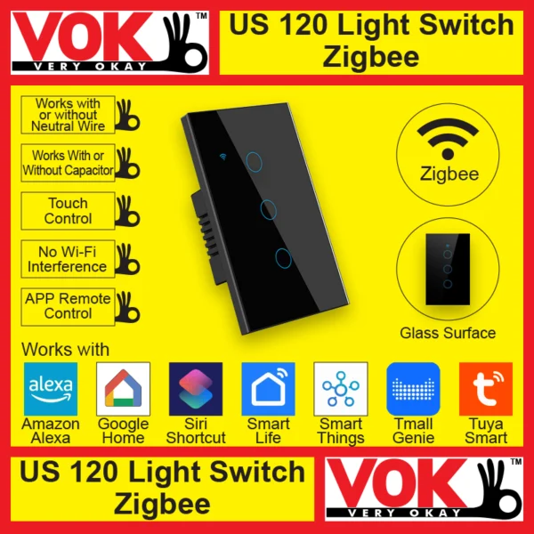 VOK-1018-120zb3-Smart Zigbee 3 Gang Black Light Switch US 120 Borderless Glass with LED Indicator